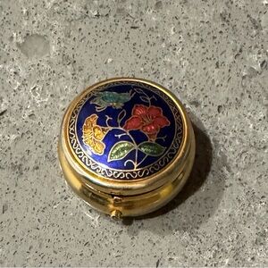 Vintage Gold Filled Enamel Pill Box Trinket Case | Floral Blue Top